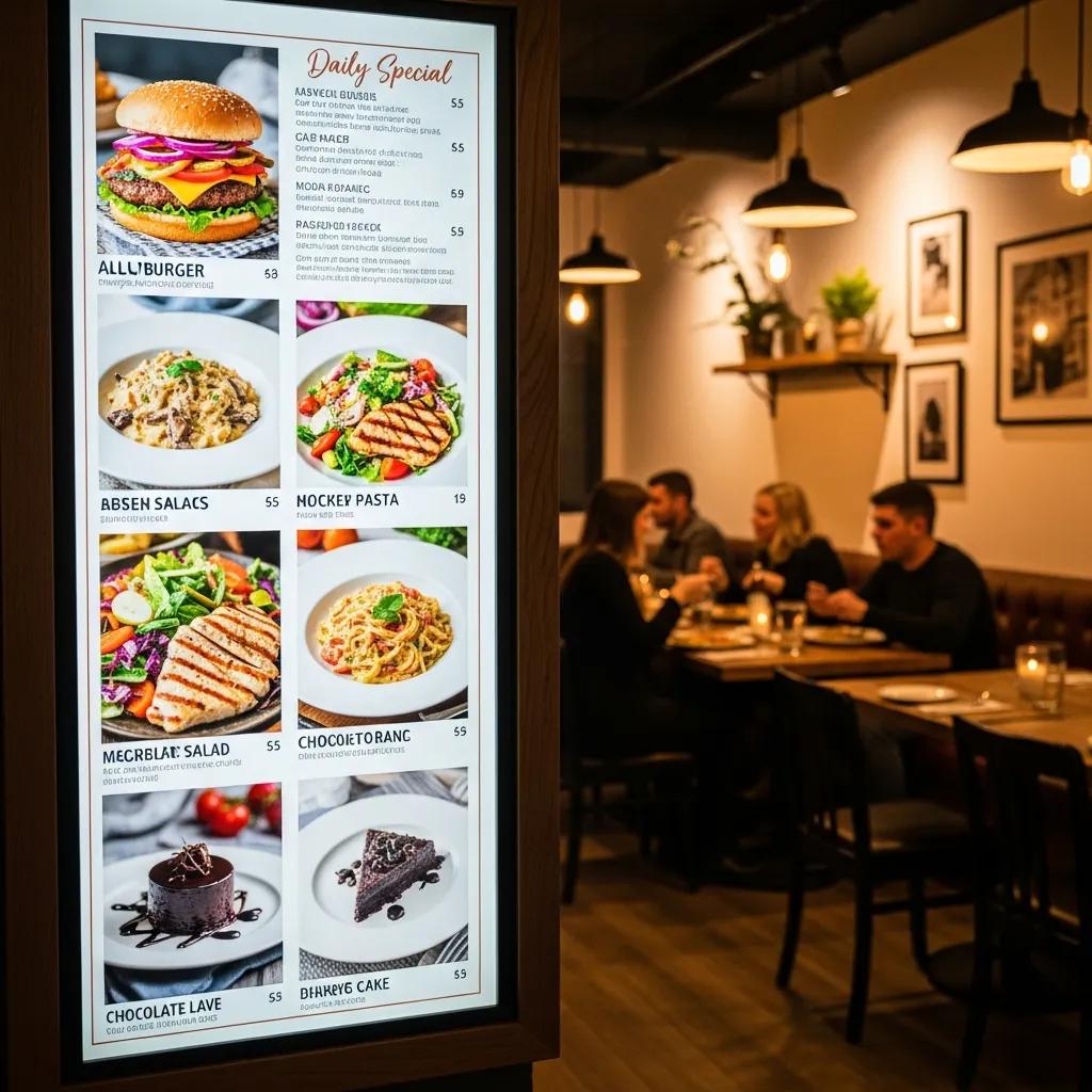 Attractive menu board display in a restaurant showcasing food items and specials