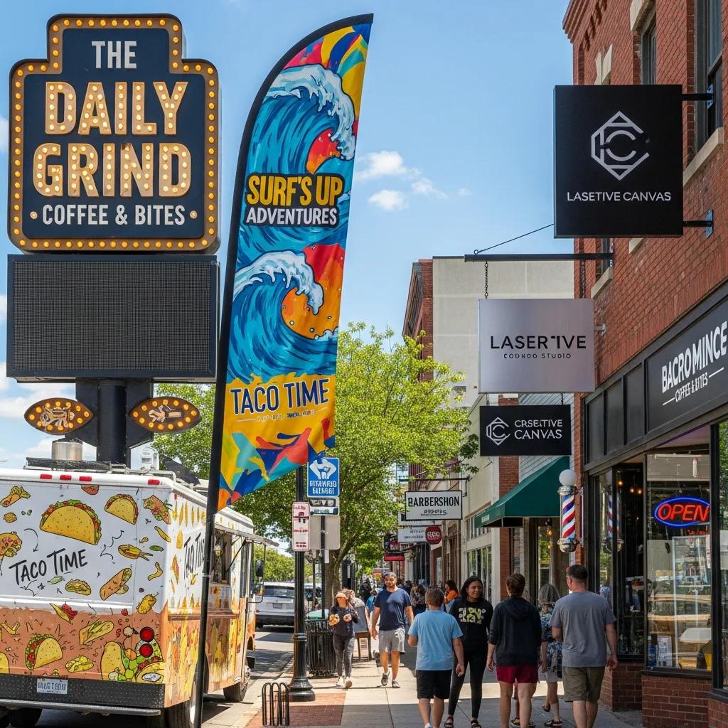 Custom outdoor signs displayed in a busy street, emphasizing brand visibility and customer attraction
