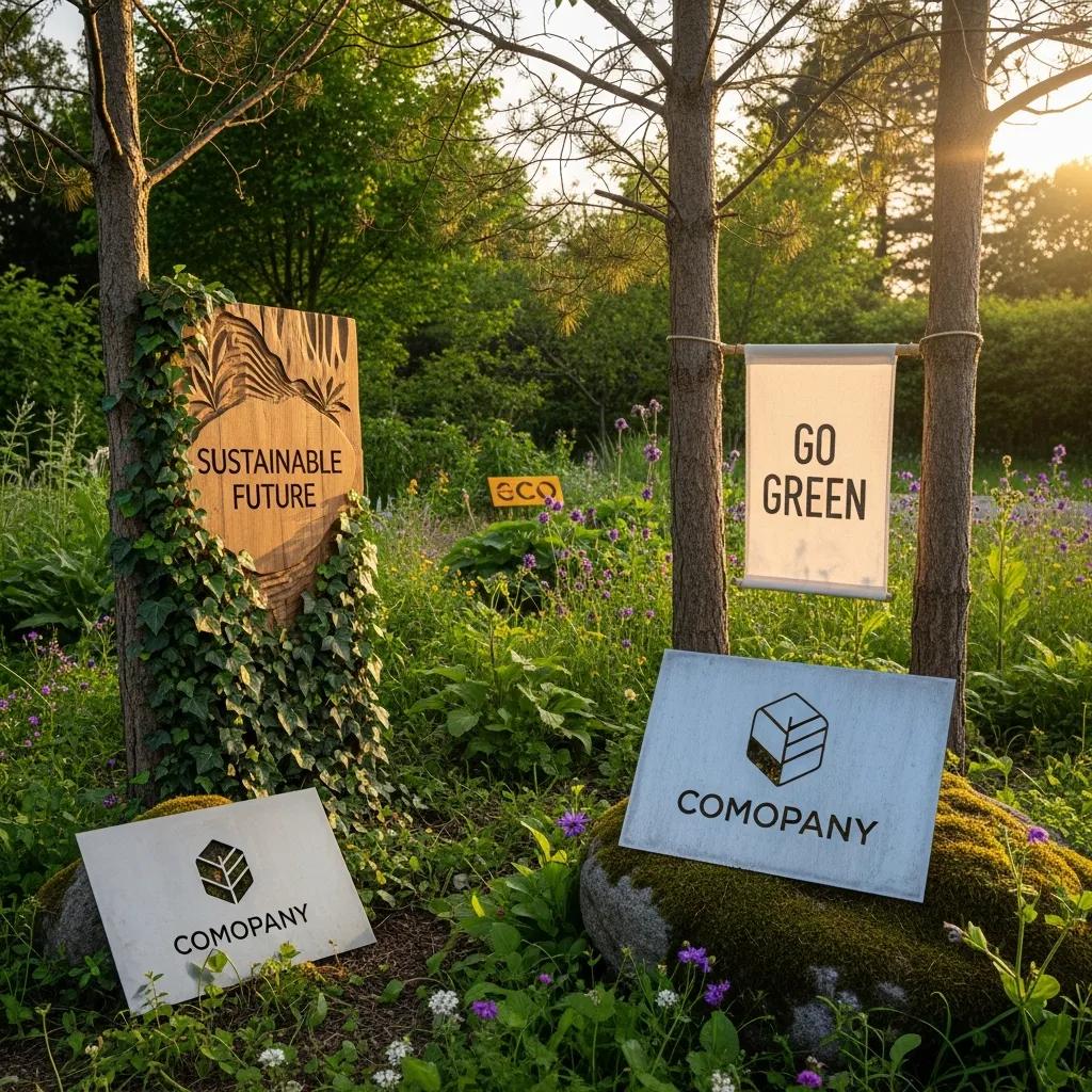 Eco-friendly outdoor signage made from sustainable materials, set in a natural environment